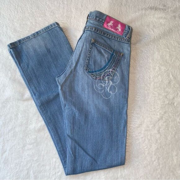 Y2K Heatherette Low Rise Flare Jeans Unicorn- Embellished Pockets Size 3 / 5 - Picture 11 of 11